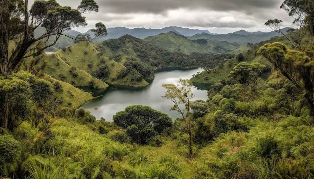 A view of a lake in the mountains