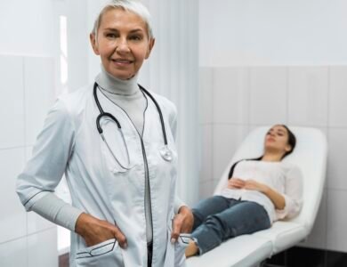 female doctor posing patient